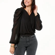 C Wonder by Christian Siriano Faux Wrap Drape-Sleeve Shirt Black M New