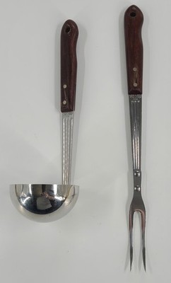 Vtg Imperial Stainless Veri-Sharp Utensils Set Ladle & Fork USA Wood Handles