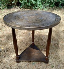 Vintage Chinese Brass Topped  Side Table - Two Tier - Wooden - 55cm Diameter