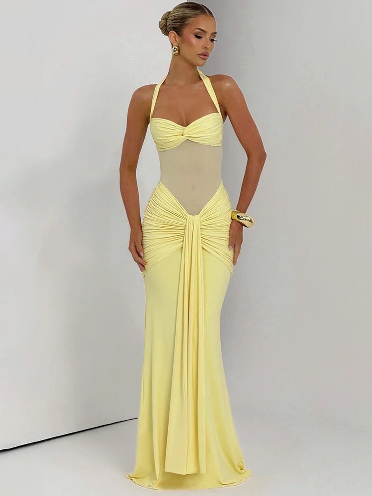 Backless Sexy Maxi Dress Women Fashion Patchwork Off-shoulder Sleeveless Party