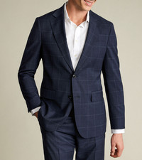 2025 JOS A BANK Signature Navy Blue Windowpane Blue Full Suit 44R Wool Tailored