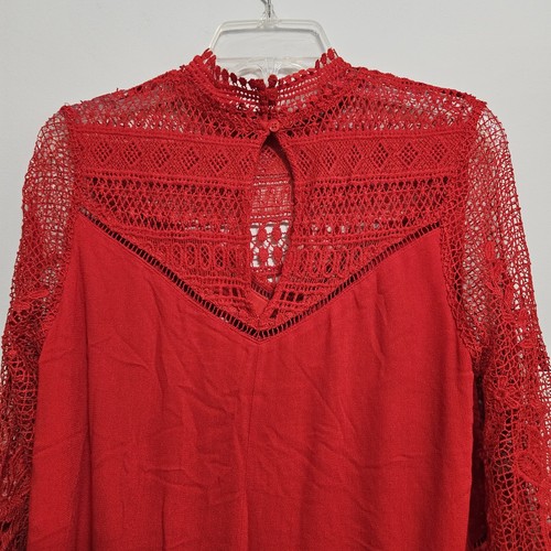 En Creme Mini BOHO Red Dress w/ Cotton Lace Bodice & Sleeves Lined Pocke Size M - Picture 10 of 15