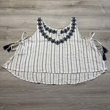 LSPACE Embroidered Boho Striped Navy White Cropped Beach Coverup Blouse Tassel M