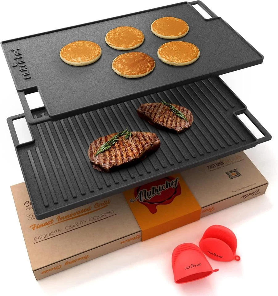 18-Inch Cast Iron Reversible Grill Plate with Silicone Oven Mitt for Stovetops - Image 3 of 4