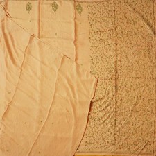 Vintage Peach Sarees 100 Pure Crepe Silk Hand Embroidered Sari 5YD Craft Fabric