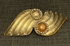 Vintage Gold Tone Leaf Hair Barrette Clip 5" Art Nouveau Style Beaded Cabochon