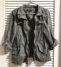 TALBOTS Petites Mp Embroidered Utility Cinch Waist Jacket Army Green Cotton