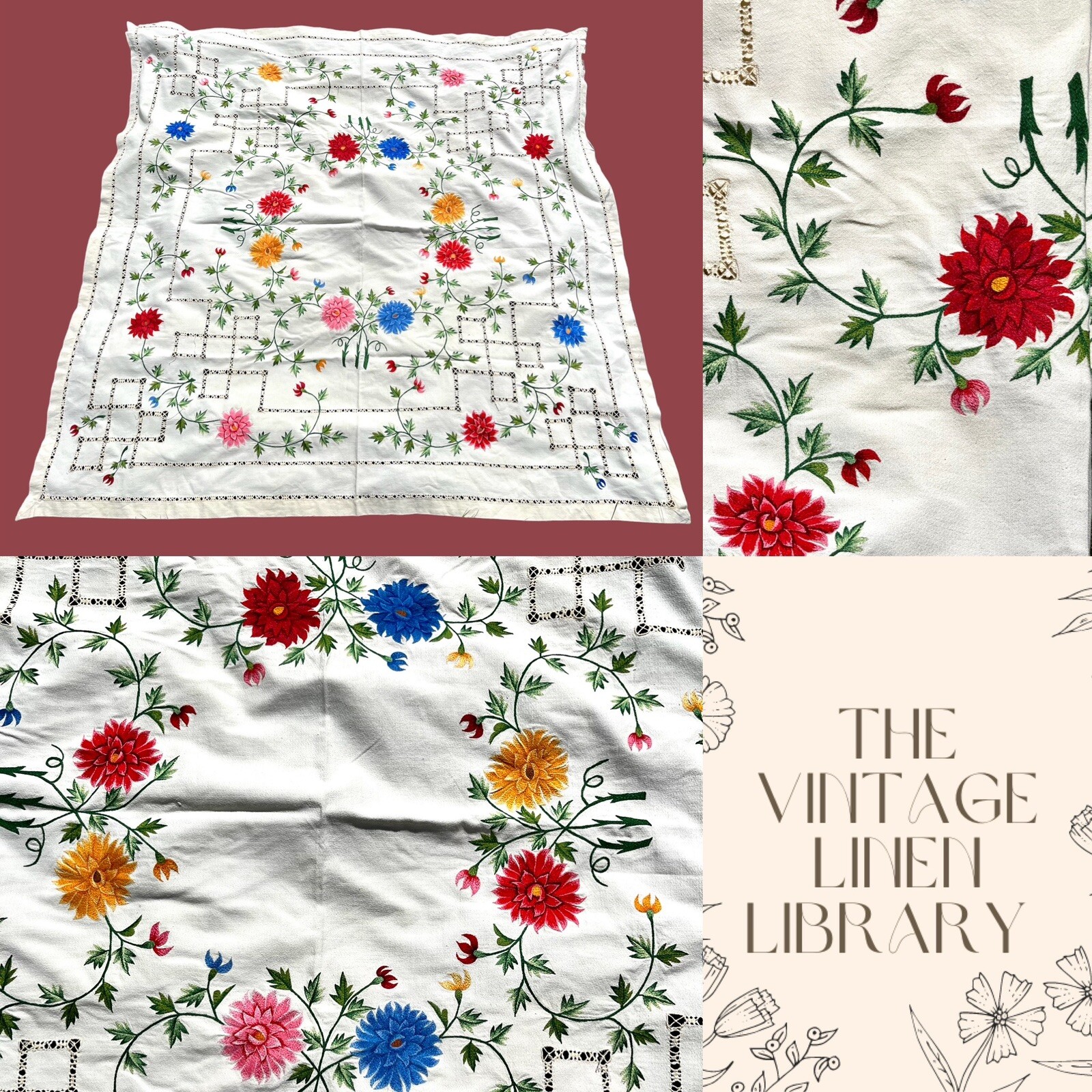 Atemberaubende stark bestickte Vintage Tischdecke hell blumig 56'x56''