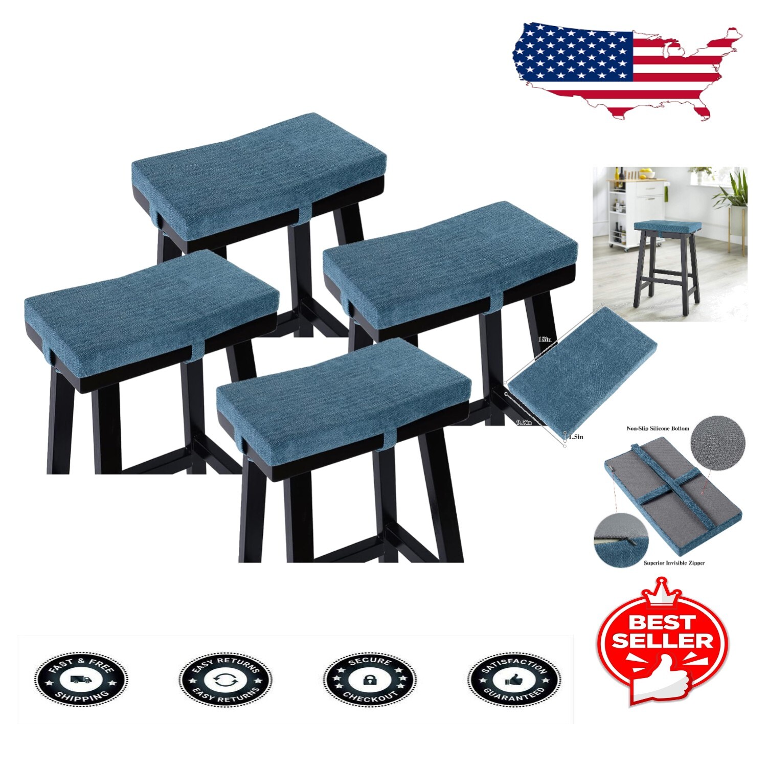 4-Piece Blue Saddle Stool Cushions - Non-Slip with Easy-Clean Zipper Closure