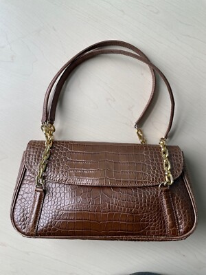 Talbots Brown Leather Handbag w/ Crocodile Pattern & Gold Handles Made in Italy