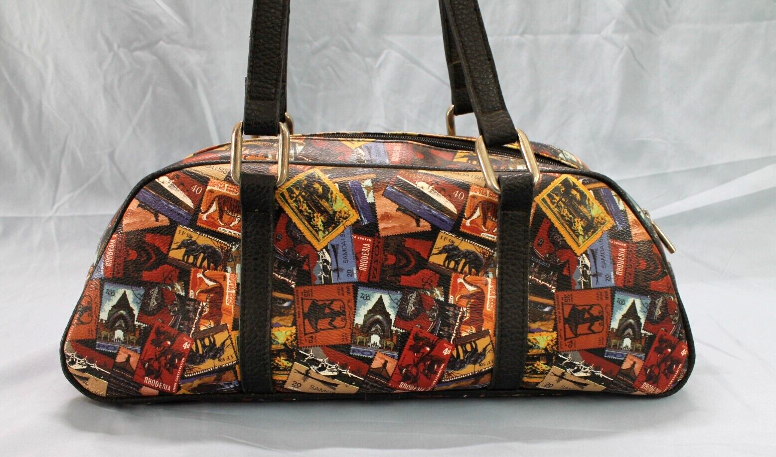 Colorful World Travel Stamp Print Faux Leather Shoulder Tote Bag