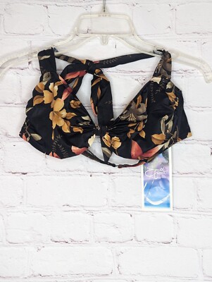 South Point Jantzen Black/Brown Floral Soft Cup Bikini Top Tie Neck Sz 16