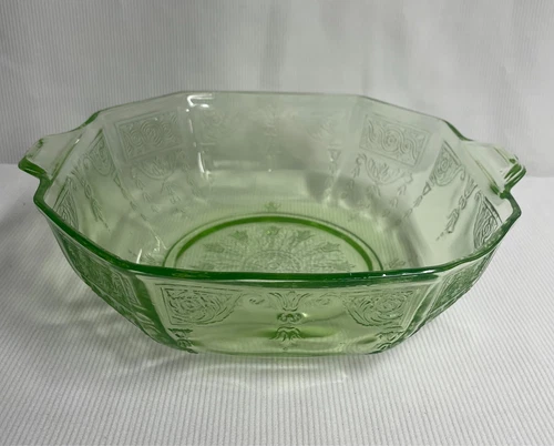 Green 2 Handle Depression Glass Serving Bowl 8" Hexagon Glows W/Black Light