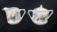 Antique Germany Porcelain Cream and Sugar Bowl Set Luster Stencil Paint