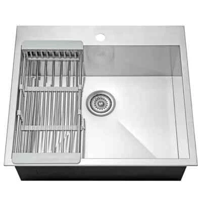 AKDY Handmade Drop-in Stainless Steel 25x22 in. Single Bowl Kitchen Sink w/ Rack