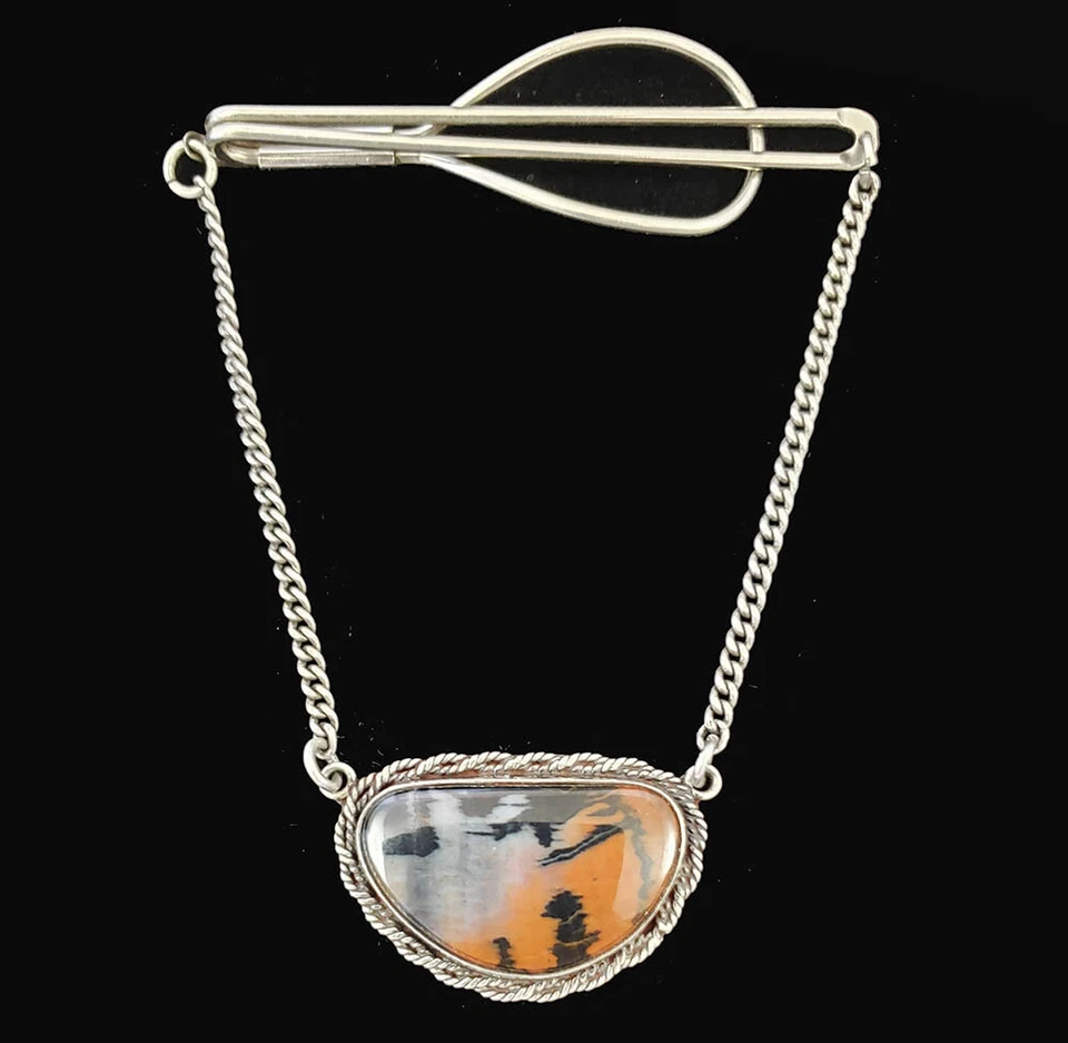 Clip de barra de corbata de madera petrificada navajo vintage de plata esterlina para hombre Foto 4 de 4