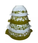 Vintage Pyrex Spring Blossom Green Complete Cinderella Mixing Bowl Set of 4