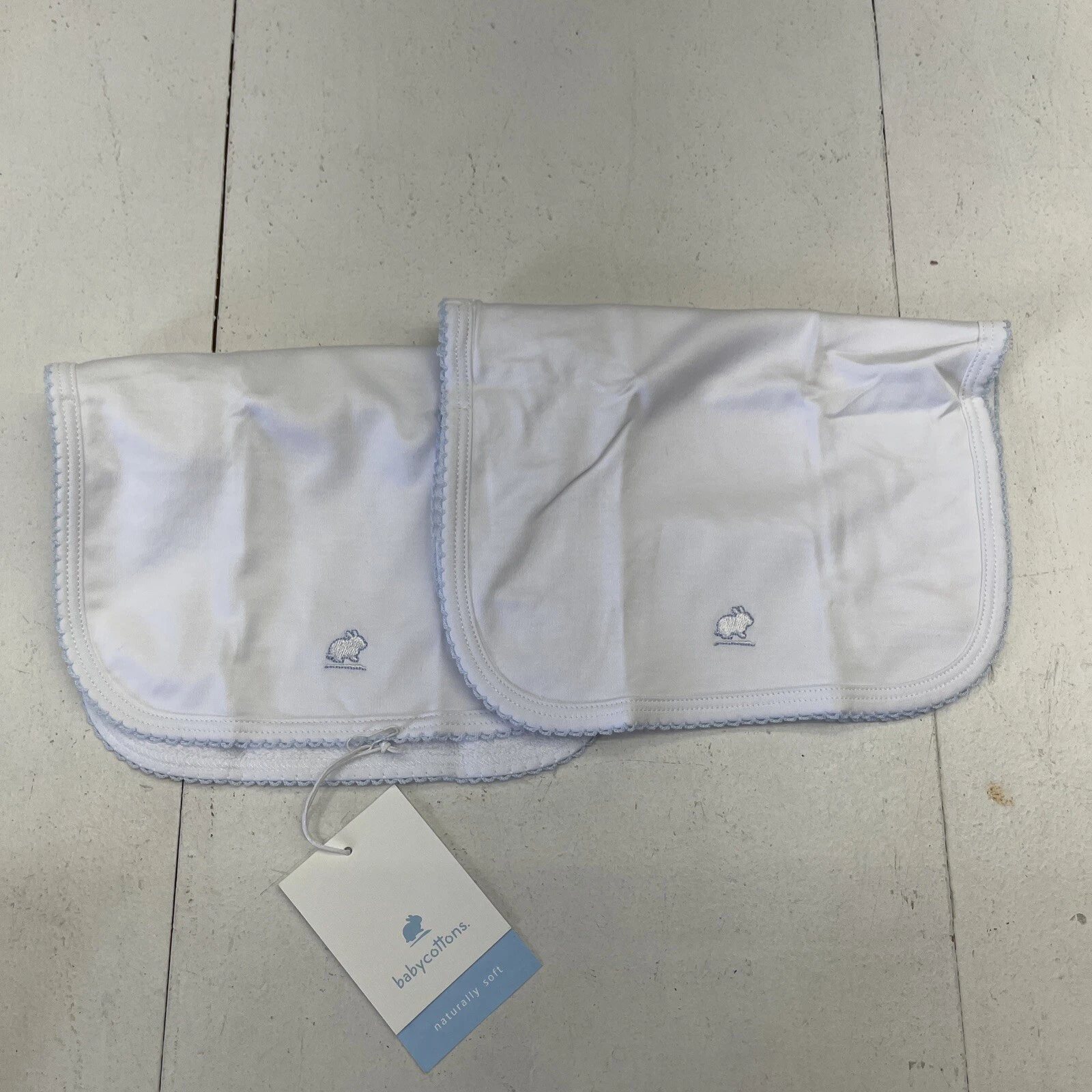 Baby Cottons White Cotton Blue Logo Burp Cloths 9x13” 2 Pack New