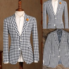 Black and White Plaid Men's Suits Checked Blazers Causal Summer Jackets Slim Fit