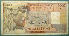 BILLETE ARGELIA Y TÚNEZ 5000 5 000 FRANCOS, emitido 01.10. 1951, billete muy grande