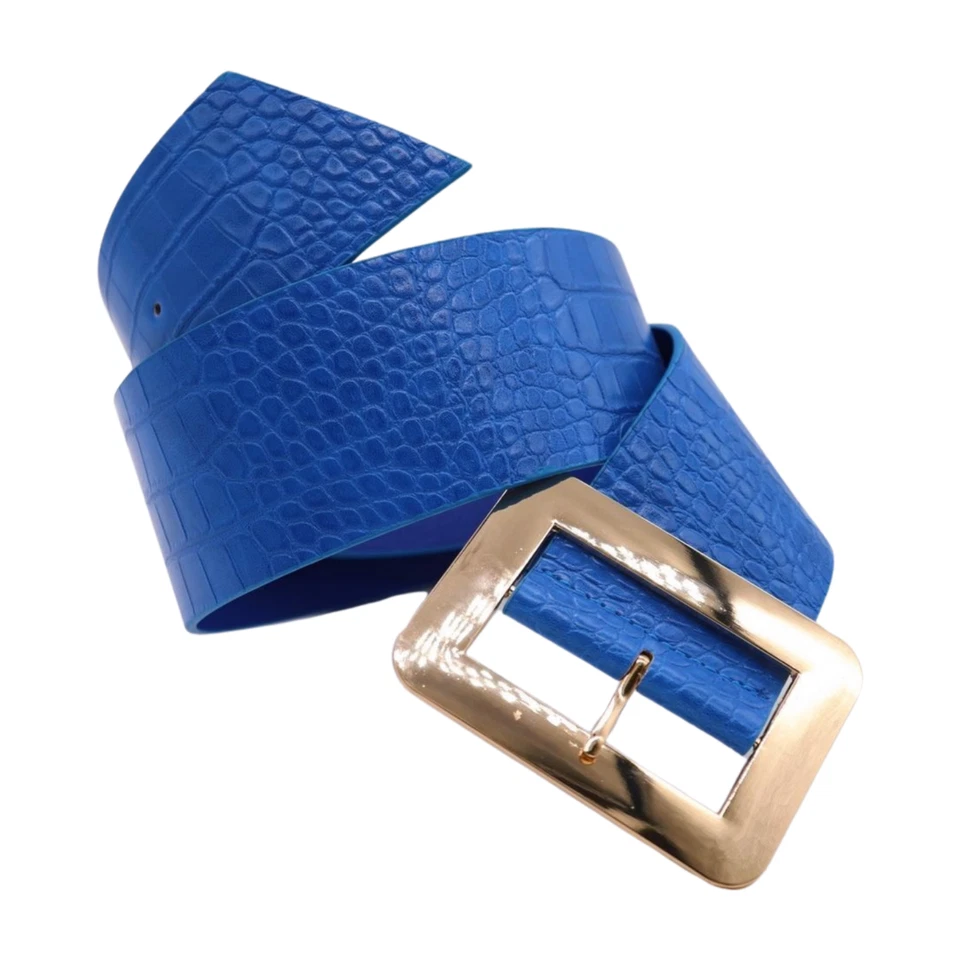 Mujeres Azul Ancho Imitación Cuero Piel Animal Sello Cinturón Cuadrado Dorado Metal Hebilla S M Foto 4 de 4