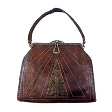 Vintage Tooled Leather Handbag purse Art Deco Geometric Pattern Braided Handle