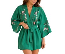 Vintage Green Cherry Blossom Short Sleeve Robe Kimono Satin Luxury One Size
