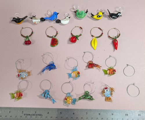 22 Vintage Hand Blown Glass Birds Fish Charms For Wine Glasses +