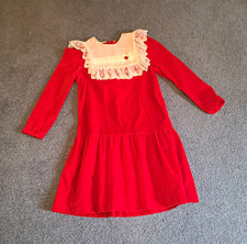 Vintage Red Velvet Girls Dress with Lace Collar size 10 *some stains*