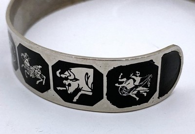 Vintage Black Enamel Astrological Zodiac Signs Silver Tone Metal Cuff Bracelet