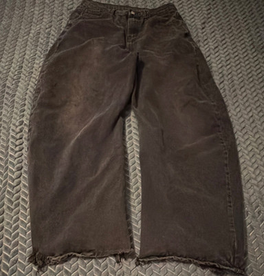Manfinity Men's Wide-Leg Black Frayed Hem Denim Jeans Solid Button Zip
