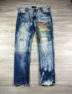 AKOO Men's 38x34 Straight Leg Blue Denim Jeans Plane Mountain Scene Painted Rare