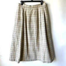 Vintage 90s Koret Tweed Wool Blend Pleated Midi Skirt 16 Brown Cream Lined Retro