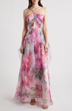 New Eliza J Floral Print Strap Ballgown In Rose Size 6 $288