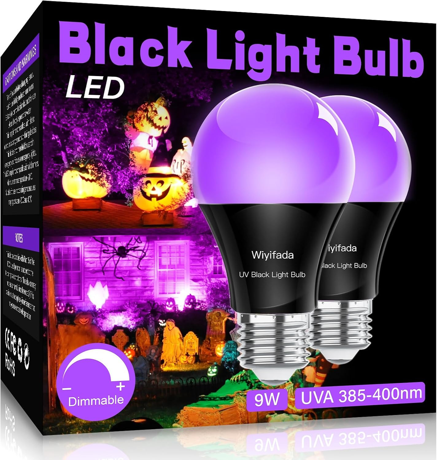LED Black Light Bulbs 2 Pack, A19 9W UV Black Light Replace up to 100W, 120V E26