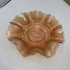 VTG Carnival Marigolds Dogwood Apple Blossom Ruffled Rim Bowl Iridescent Glass