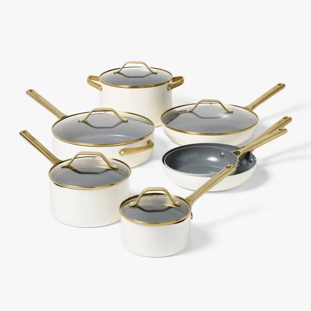 12pc Nonstick Ceramic Coated Aluminum Cookware Set with Champagne Handle