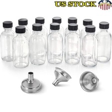 2oz Glass Boston Round Bottles W/ Leakproof Caps Funnels Labels Liquids Travel
