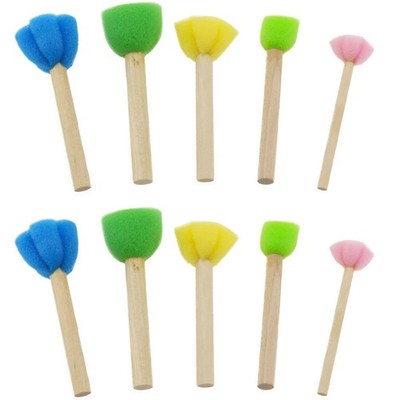 2 Sets Sponge Stamp Mini Round Flower Shapes Painting Brush Wooden Handle