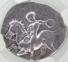 🔥 c.380-334 BC CALABRIA, TARAS (TARENTUM) AR Didrachm (Horseman/Dolphin) NGC VF