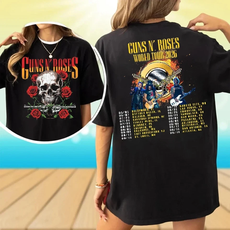 Guns N' Roses 2026 World Tour Dates Skull Graphic Fan Merch T Shirt