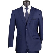 VINCI Men's Blue Glen Plaid 2 Button Modern Fit 2 Piece Business Suit - NEW