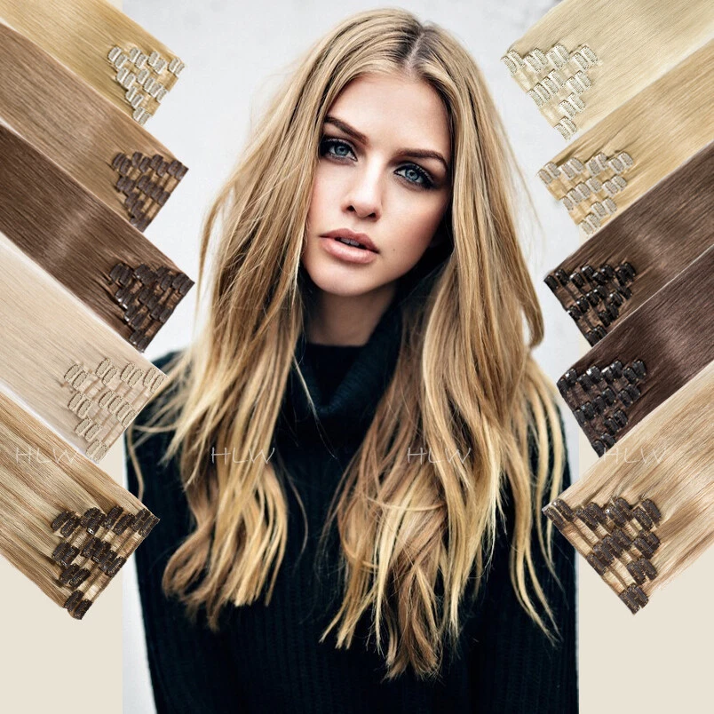 100% Echthaar Clip In Human Hair Extensions 8 Tressen Haarverlängerung Lang Dick - Bild 1 von 4