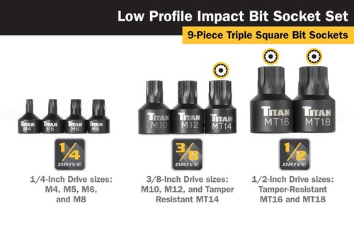 TITAN 16138 9-Piece Low Profile Impact Triple Square Bit Socket Set - Picture 2 of 5