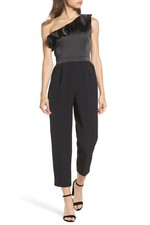  160 MAGGY LONDON One-Shoulder Jumpsuit RUFFLE TRIM BLACK ELEGANT CLASSY DAY 12