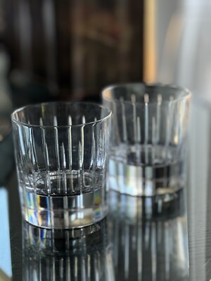 Pair Old Fashioned Christofle Iriana clear crystal glass tumblers 3.75'' x 3.25''