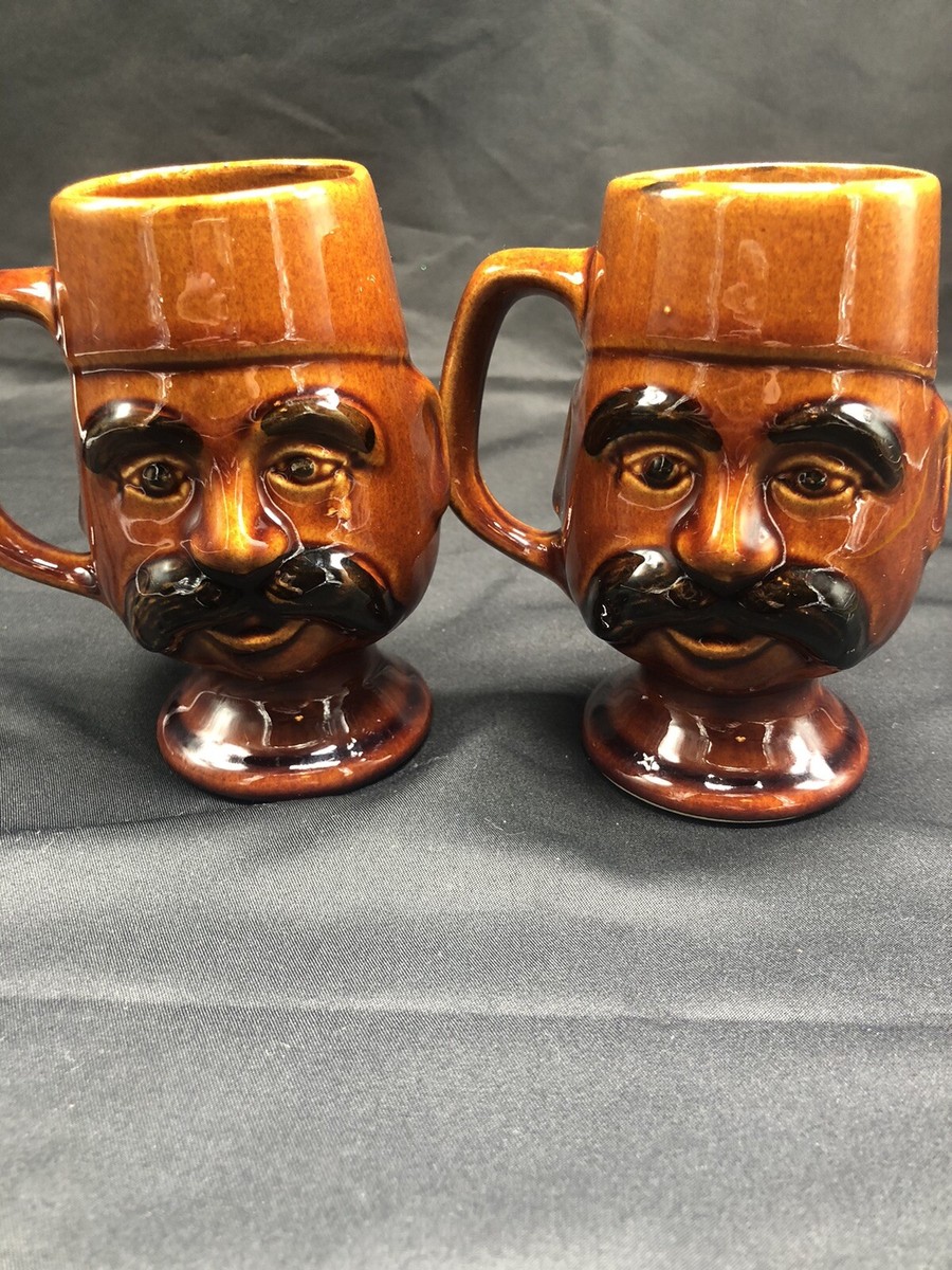 Vintage Brown Pottery Mans Face Mustache Cup Mugs Set of 2 | eBay