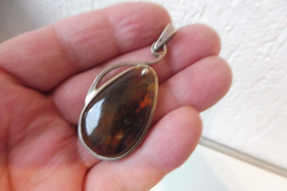 Ciondolo 925 Argento Con Grande Ambra, Bello, Vecchio Ciondolo, 6cm - Immagine 4 di 4