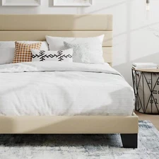 Full Size Platform Bed Frame with Upholstered Fabric Headboard, Beige