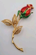 Vintage Enamel And Rhinestone Red Rose Flower Floral Brooch Pin Jewellery 11005